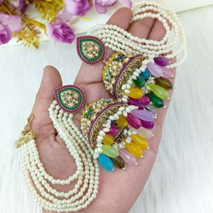 Title: Multicolor Jhumka Earrings with Pearl Sahara (Ear Chains)