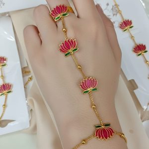 Pink Lotus Meenakari Hathphool (Hand Harness) with Ring