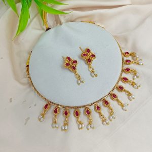 Elegant Ruby Red Stone & Pearl Drop Gold-Plated Necklace Set with Matching Earrings
