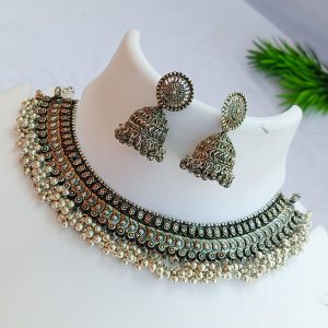 Oxidized Silver Ghungroo Choker Necklace Set with Jhumka Earrings