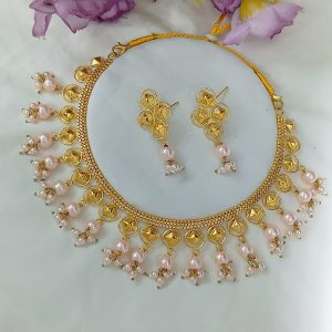  Elegant Gold-Plated Pearl Choker Necklace Set with Matching Earrings