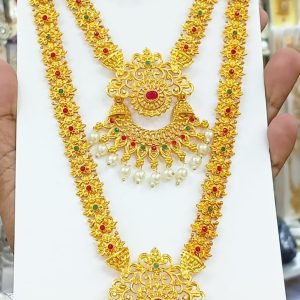 Traditional Matte Gold Long Haram Necklace Set with Ruby & Emerald Accents
