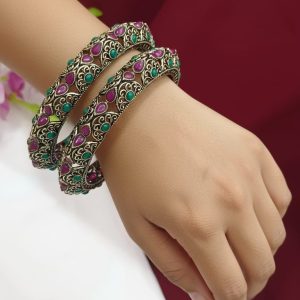 Oxidized Silver Filigree Bangles with Ruby and Emerald Stones