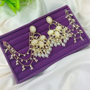 Elegant White Oval Stone Bahubali Earrings with Pearl Sahare
