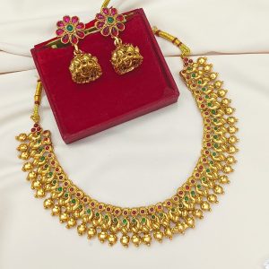 Title: Antique Gold Peacock & Elephant Motif Necklace Set with Kempu Stones