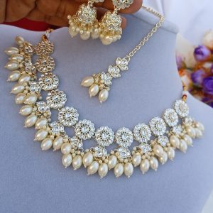 Floral Kundan Polki Pearl Choker Set with Jhumka Earrings & Maang Tikka