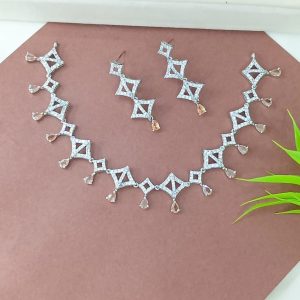Geometric Zircon Necklace Set  Quartz Drops