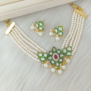 Red Crystal Beaded Choker Set with Kundan Pendant