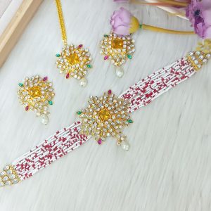 Multicolor Beaded Pearl Choker Set with Kundan Floral Pendants