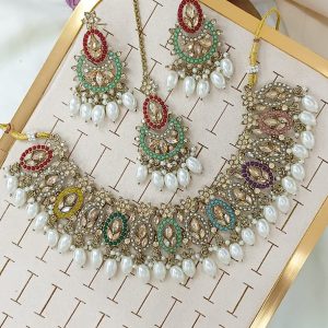 Multicolor Navratna Kundan Polki Choker Set with Maang Tikka