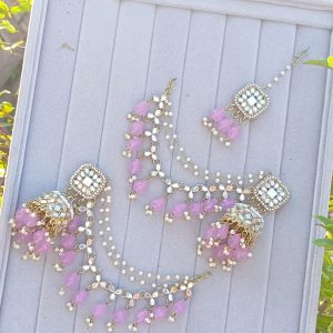 Mirror-Work Jhumka Set with Lilac Beads & Pearl Sahara