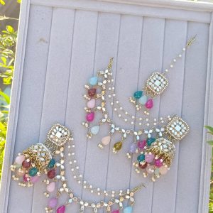 Mirror-Work Jhumka Set with Lilac Beads & Pearl Sahar