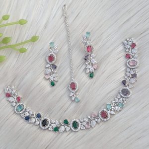 bridal jewelry set features a multi-color American Diamond necklace