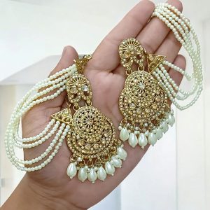 golden tana earrings featuring a multi-layered pearl chain design.