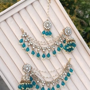multicolor kundan dangler earring and maang tikka set