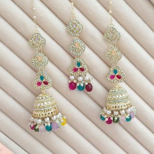 Traditional Indian Kundan & Pearl Tikka and Jhumka Earring Set