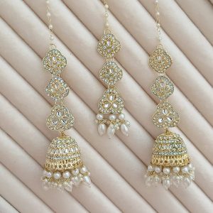 Traditional Indian Kundan & Pearl Tikka and Jhumka Earring Set