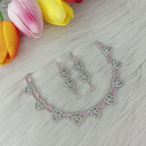 American Diamond or Cubic Zirconia studded necklace set featuring a silver-plated finish.