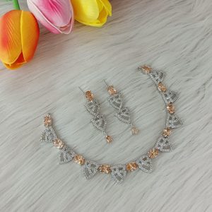 American Diamond or Cubic Zirconia studded necklace set featuring a silver-plated finish.