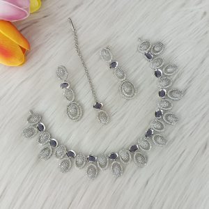 ewelry set is identified as a silver-plated American diamond necklace set