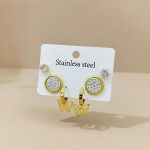 stainless steel 6-piece earring set featuring heart-shaped drops and studs.