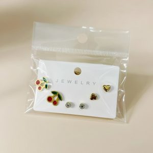 stainless steel 6-piece earring set featuring heart-shaped drops and studs.
