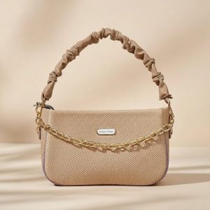 small PU leather shoulder bag with a chain handle, available in colors like brown, pink, black, red, and yellow.