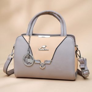 Kangaroo” brand two-tone (grey and beige) faux leather satchel handbag with a removable shoulder strap.