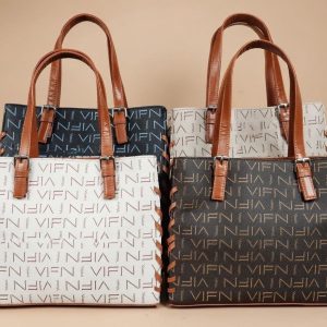 tote bags with a repeating “VIFN” logo pattern.