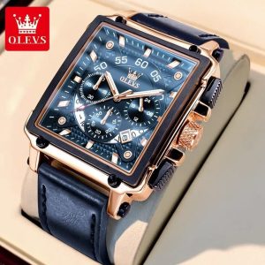 OLEVS 9919 men’s luxury square quartz watch with a blue leather strap