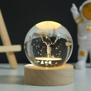 Kathiyawadi Deer 3D Crystal Ball Night Light featuring a laser-engraved glass globe on a wooden LED base.