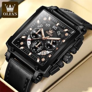 OLEVS 9919 men’s luxury square quartz watch with a blue leather strap