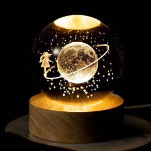 Kathiyawadi Deer 3D Crystal Ball Night Light featuring a laser-engraved glass globe on a wooden LED base.
