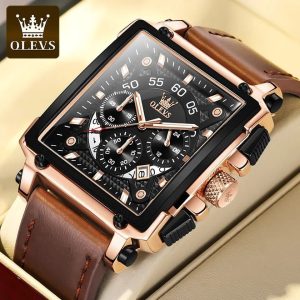 OLEVS 9919 men’s luxury square quartz watch with a blue leather strap