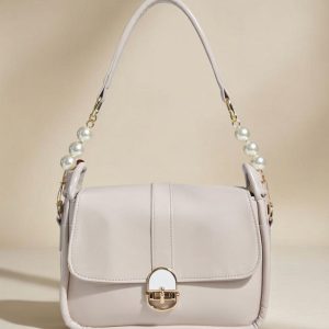 Pearl Strap Beige Mini Flap Shoulder Bag