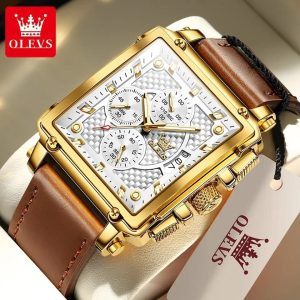 OLEVS 9919 men’s luxury square quartz watch with a blue leather strap