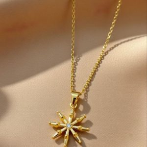 element plated in 24kt gold and suspended on a chain.