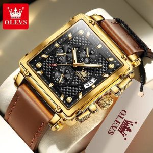 OLEVS 9919 men’s luxury square quartz watch with a blue leather strap