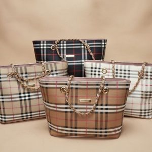 Burberry check tote bags in various sizes and colors.